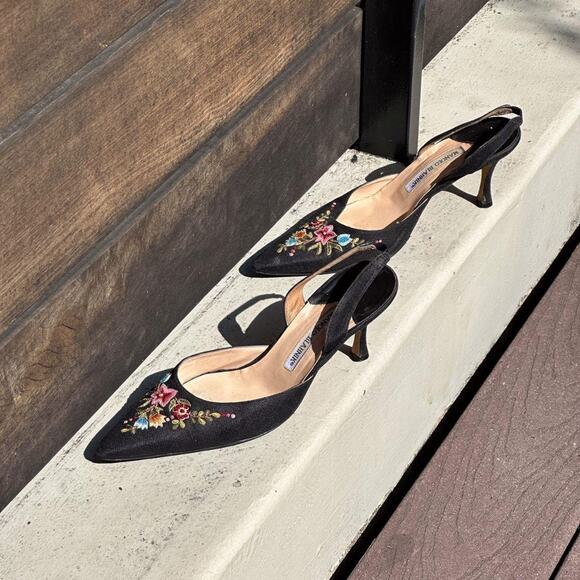 Vintage Manolo Blahnik Floral Embroidered Kitten Slingback Sandals in Black - Picture 2 of 8